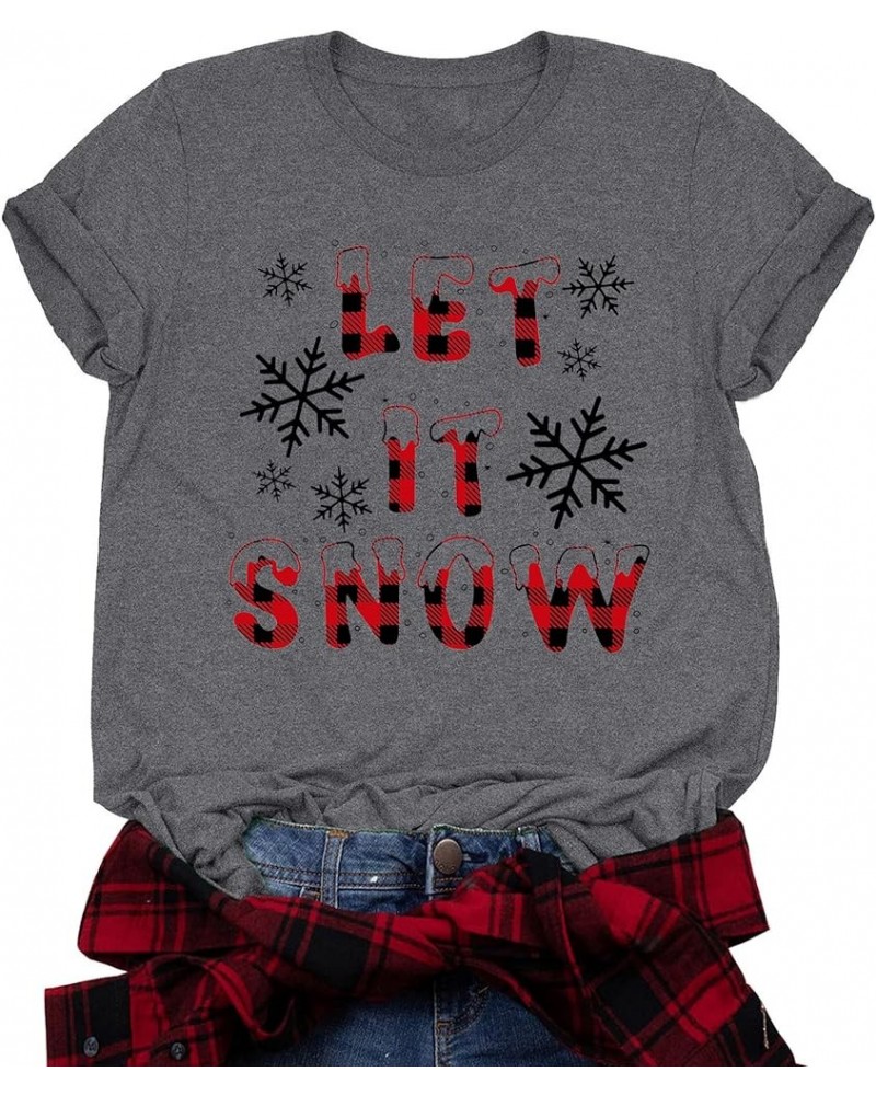 Merry Christmas Shirts for Women Xmas Buffalo Plaid Tree Shirt Top Short Sleeve Casual Graphic Print T Shirt Let It Snow-grey...