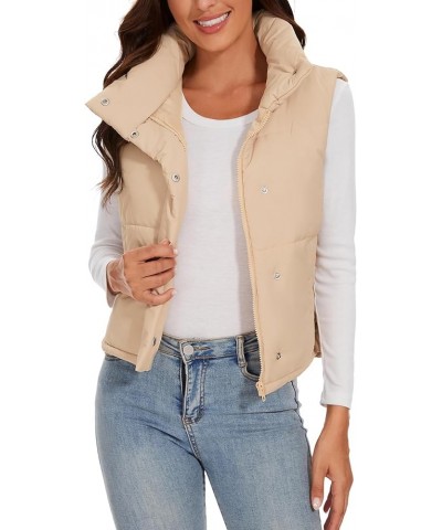 Women's Cropped Puffer Vest Sleeveless Zip Up Stand Collar Padded Lightweight Puffy Vest for Winter Khaki $16.09 Vests