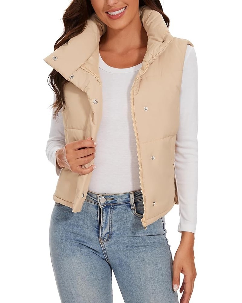 Women's Cropped Puffer Vest Sleeveless Zip Up Stand Collar Padded Lightweight Puffy Vest for Winter Khaki $16.09 Vests