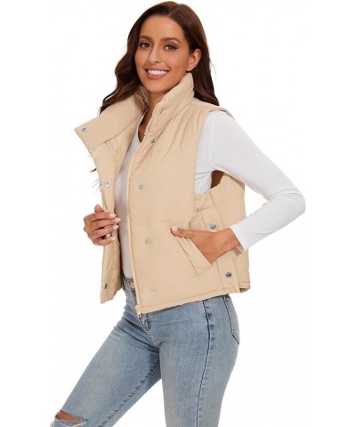 Women's Cropped Puffer Vest Sleeveless Zip Up Stand Collar Padded Lightweight Puffy Vest for Winter Khaki $16.09 Vests