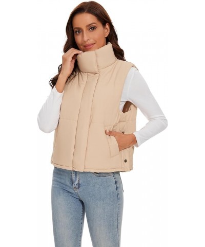 Women's Cropped Puffer Vest Sleeveless Zip Up Stand Collar Padded Lightweight Puffy Vest for Winter Khaki $16.09 Vests