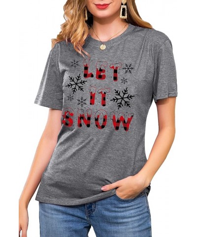 Merry Christmas Shirts for Women Xmas Buffalo Plaid Tree Shirt Top Short Sleeve Casual Graphic Print T Shirt Let It Snow-grey...