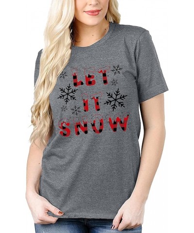 Merry Christmas Shirts for Women Xmas Buffalo Plaid Tree Shirt Top Short Sleeve Casual Graphic Print T Shirt Let It Snow-grey...