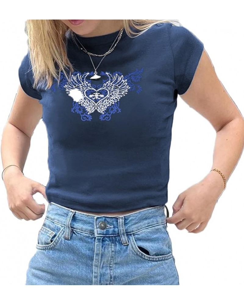 Women’s Y2K Graphic Print Crop Tops Grunge Short Sleeve Tee Shirts Cute Baby Tees for Teen Girls Wings Blue $8.54 T-Shirts