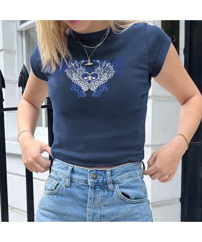 Women’s Y2K Graphic Print Crop Tops Grunge Short Sleeve Tee Shirts Cute Baby Tees for Teen Girls Wings Blue $8.54 T-Shirts