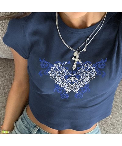 Women’s Y2K Graphic Print Crop Tops Grunge Short Sleeve Tee Shirts Cute Baby Tees for Teen Girls Wings Blue $8.54 T-Shirts