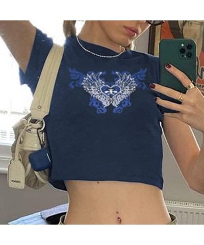 Women’s Y2K Graphic Print Crop Tops Grunge Short Sleeve Tee Shirts Cute Baby Tees for Teen Girls Wings Blue $8.54 T-Shirts