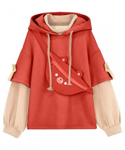 Cute Bear Hoodies For Teen Girls Kawaii Brown Sweatshirt Patchwork Long Sleeve Pullover with Personality Bag 2-red $15.82 Hoo...