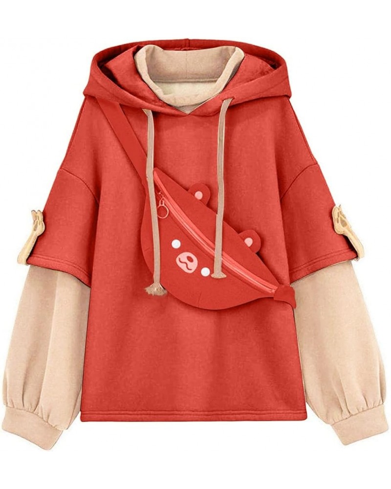 Cute Bear Hoodies For Teen Girls Kawaii Brown Sweatshirt Patchwork Long Sleeve Pullover with Personality Bag 2-red $15.82 Hoo...