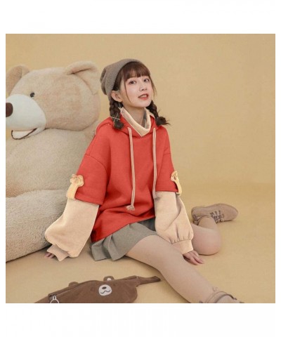 Cute Bear Hoodies For Teen Girls Kawaii Brown Sweatshirt Patchwork Long Sleeve Pullover with Personality Bag 2-red $15.82 Hoo...