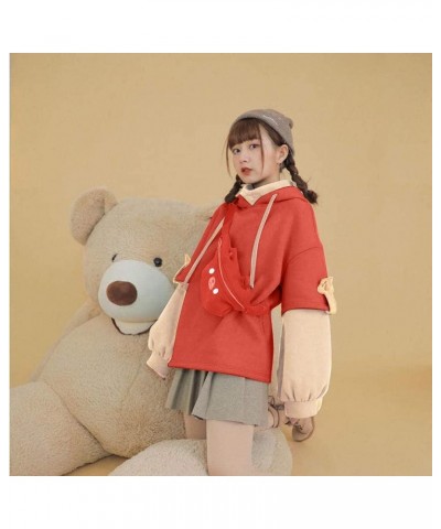 Cute Bear Hoodies For Teen Girls Kawaii Brown Sweatshirt Patchwork Long Sleeve Pullover with Personality Bag 2-red $15.82 Hoo...