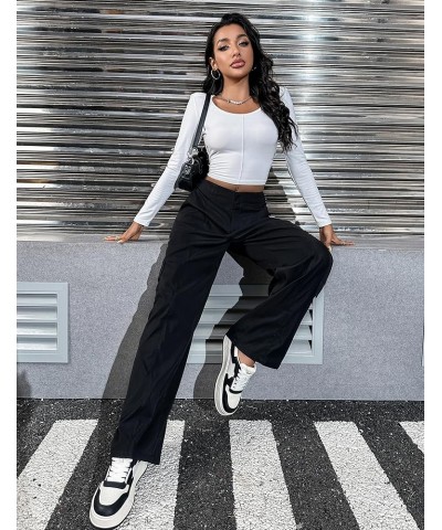 Women High Waisted Cargo Pants Wide Leg Casual Pants 7 Pockets Y2K Loose Trousers Streetwear Black $13.94 Pants