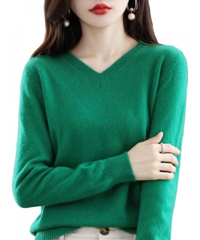 2023 Women's Pure Cashmere Long Sleeve Pullover V Neck Sweater Spring New Solid Color Knitted Sweater Green $30.15 Sweaters