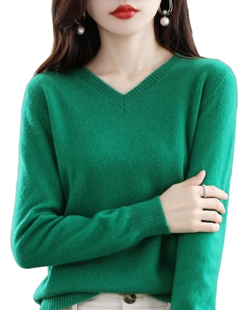 2023 Women's Pure Cashmere Long Sleeve Pullover V Neck Sweater Spring New Solid Color Knitted Sweater Green $30.15 Sweaters