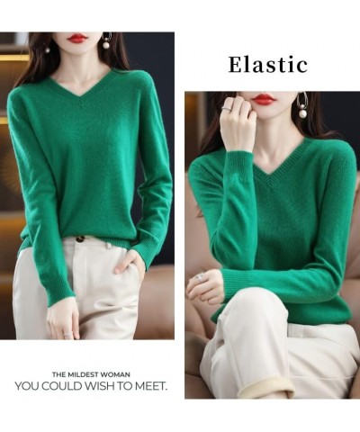 2023 Women's Pure Cashmere Long Sleeve Pullover V Neck Sweater Spring New Solid Color Knitted Sweater Green $30.15 Sweaters