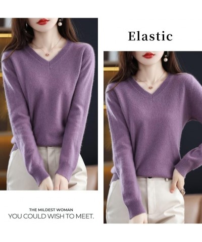 2023 Women's Pure Cashmere Long Sleeve Pullover V Neck Sweater Spring New Solid Color Knitted Sweater Green $30.15 Sweaters