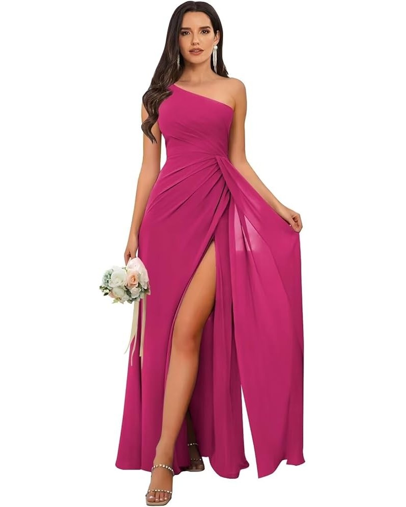 One Shoulder Bridesmaid Dresses for Wedding Chiffon Pleated Formal Evening Dress with Slit Hot Pink $26.66 Dresses