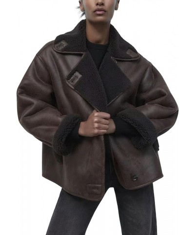 Women's Winter Sherpa Lined Faux Leather Jacket Casual Motorcycle Oversized Leather Jacket Brown $25.85 Coats