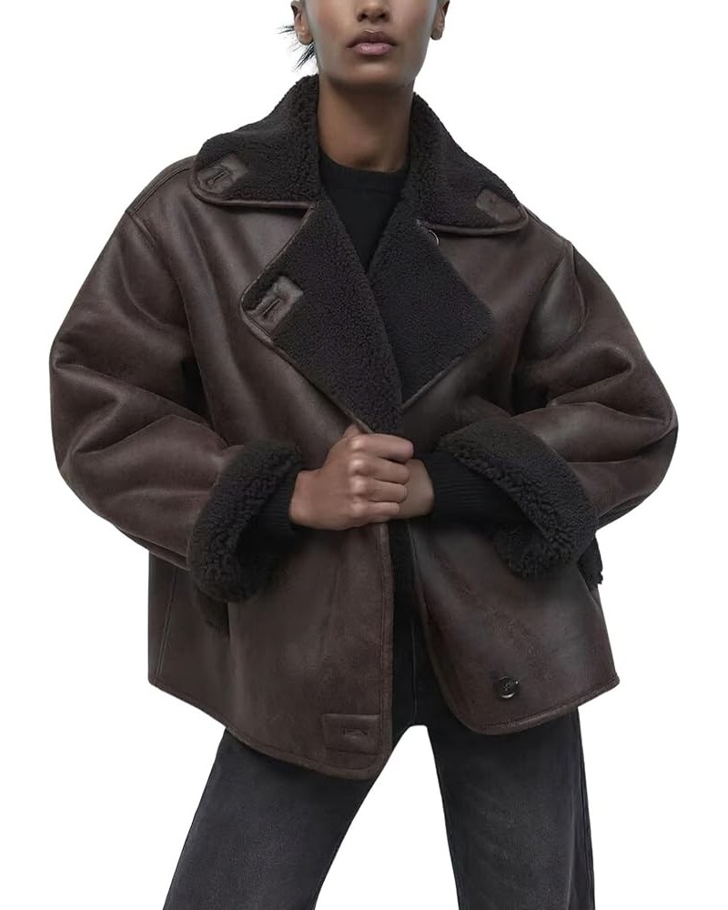 Women's Winter Sherpa Lined Faux Leather Jacket Casual Motorcycle Oversized Leather Jacket Brown $25.85 Coats