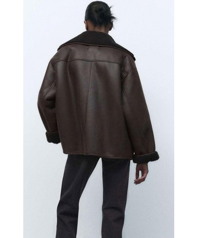 Women's Winter Sherpa Lined Faux Leather Jacket Casual Motorcycle Oversized Leather Jacket Brown $25.85 Coats