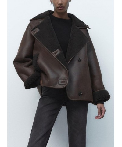 Women's Winter Sherpa Lined Faux Leather Jacket Casual Motorcycle Oversized Leather Jacket Brown $25.85 Coats