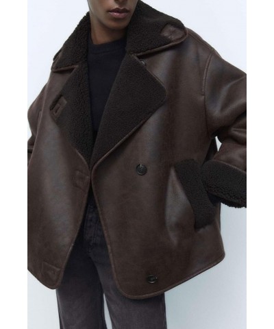 Women's Winter Sherpa Lined Faux Leather Jacket Casual Motorcycle Oversized Leather Jacket Brown $25.85 Coats