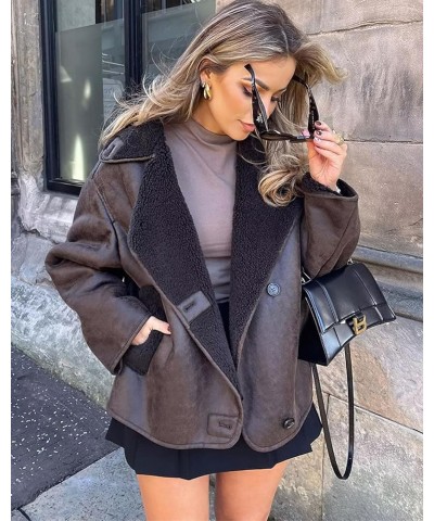 Women's Winter Sherpa Lined Faux Leather Jacket Casual Motorcycle Oversized Leather Jacket Brown $25.85 Coats