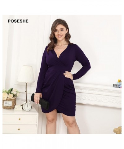 Womens Plus Size Dress Sleeveless & Long Sleeve Deep V Neck Bodycon Wrap Dress with Front Slit C6-purple $15.90 Dresses