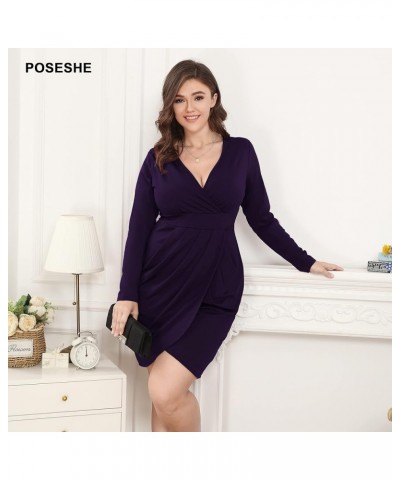 Womens Plus Size Dress Sleeveless & Long Sleeve Deep V Neck Bodycon Wrap Dress with Front Slit C6-purple $15.90 Dresses