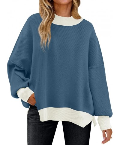 Women's Winter Oversized Sweaters Long Sleeve Color Block Mock Neck Side Slit Comfy Loose Knitted Pullover Tops Dark Blue $22...