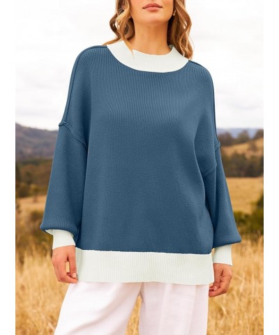 Women's Winter Oversized Sweaters Long Sleeve Color Block Mock Neck Side Slit Comfy Loose Knitted Pullover Tops Dark Blue $22...