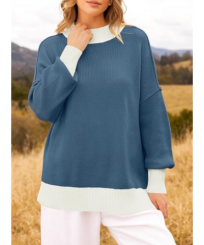 Women's Winter Oversized Sweaters Long Sleeve Color Block Mock Neck Side Slit Comfy Loose Knitted Pullover Tops Dark Blue $22...