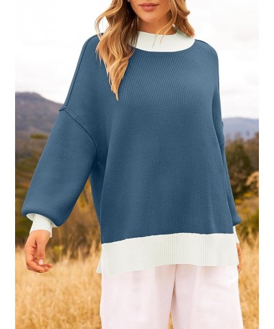 Women's Winter Oversized Sweaters Long Sleeve Color Block Mock Neck Side Slit Comfy Loose Knitted Pullover Tops Dark Blue $22...