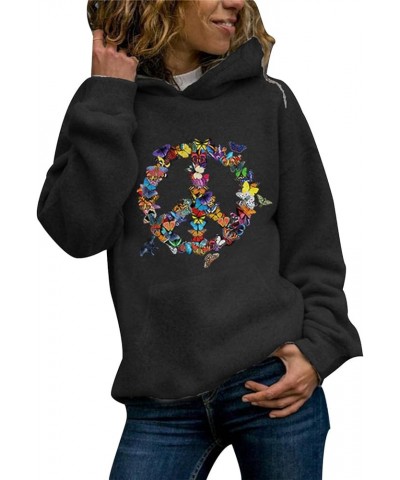 Women Butterfly Peace Sign Hoodie Retro Colorful Butterflies Graphic Long Sleeve Casual Sweatshirt Black $11.44 Hoodies & Swe...