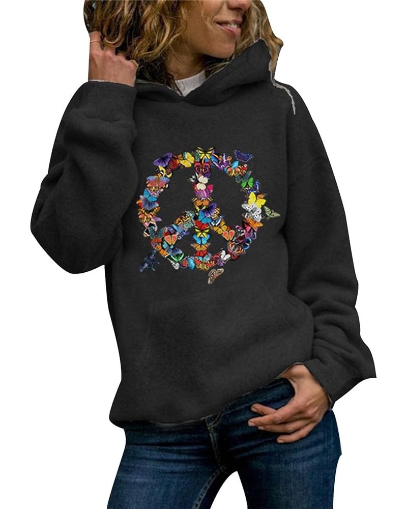 Women Butterfly Peace Sign Hoodie Retro Colorful Butterflies Graphic Long Sleeve Casual Sweatshirt Black $11.44 Hoodies & Swe...