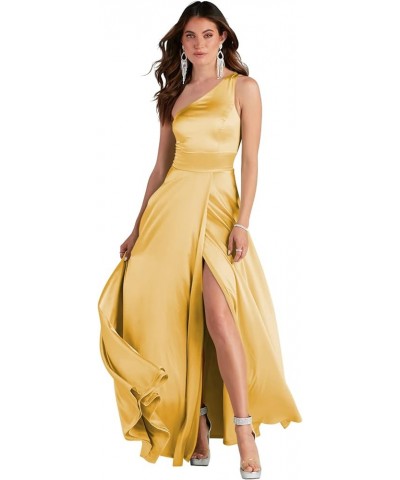 Women's Satin Bridesmaid Dresses Long One Shoulder A Line Formal Dress with Slit Gold $42.62 Dresses