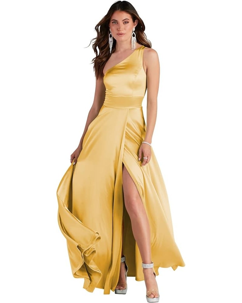 Women's Satin Bridesmaid Dresses Long One Shoulder A Line Formal Dress with Slit Gold $42.62 Dresses