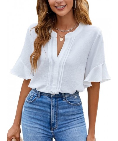 Womens White Blouses Chiffon Ruffle Short Sleeve V Neck Business Casual Tops Summer Cute Shirt White $9.24 Blouses