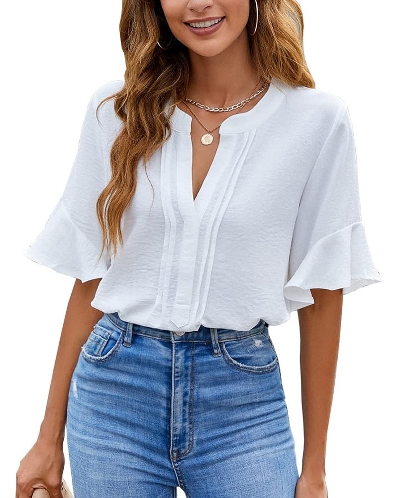 Womens White Blouses Chiffon Ruffle Short Sleeve V Neck Business Casual Tops Summer Cute Shirt White $9.24 Blouses