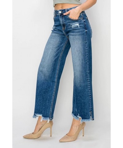 Risen Jeans - High Rise Side Slit with Frayed Hem Wide Jeans - RDP5590 Darkblue $42.37 Jeans