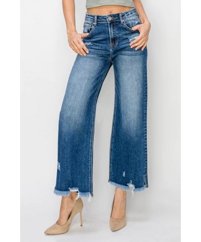 Risen Jeans - High Rise Side Slit with Frayed Hem Wide Jeans - RDP5590 Darkblue $42.37 Jeans