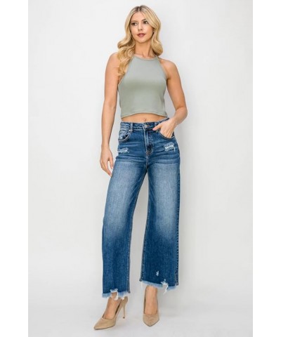 Risen Jeans - High Rise Side Slit with Frayed Hem Wide Jeans - RDP5590 Darkblue $42.37 Jeans