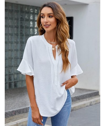 Womens White Blouses Chiffon Ruffle Short Sleeve V Neck Business Casual Tops Summer Cute Shirt White $9.24 Blouses