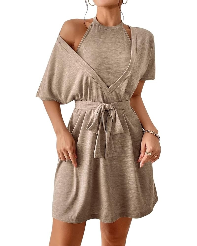 Women Wrap Dress with Belt V Neck Short Sleeve Sets Solid Color Casual Bodycon Summer Tank and Dresses 2 Piece Outfit Light B...