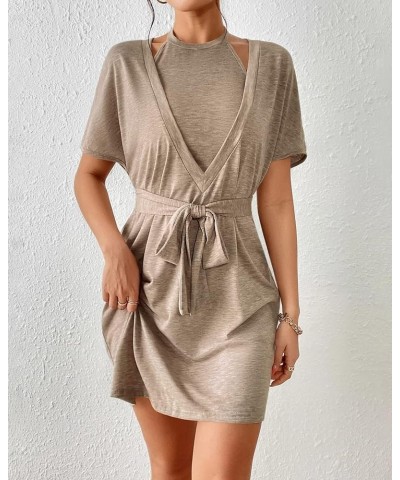 Women Wrap Dress with Belt V Neck Short Sleeve Sets Solid Color Casual Bodycon Summer Tank and Dresses 2 Piece Outfit Light B...