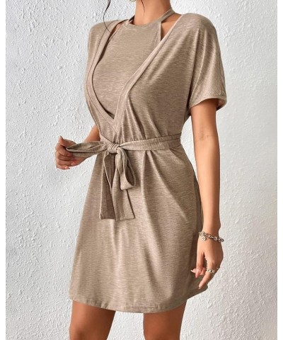 Women Wrap Dress with Belt V Neck Short Sleeve Sets Solid Color Casual Bodycon Summer Tank and Dresses 2 Piece Outfit Light B...