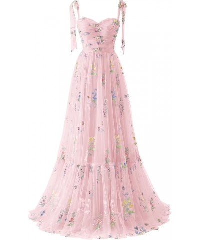 Women's Flower Embroidery Tulle Prom Dresses 2024 Long Spaghetti Straps Evening Party Gowns Pink $34.50 Dresses