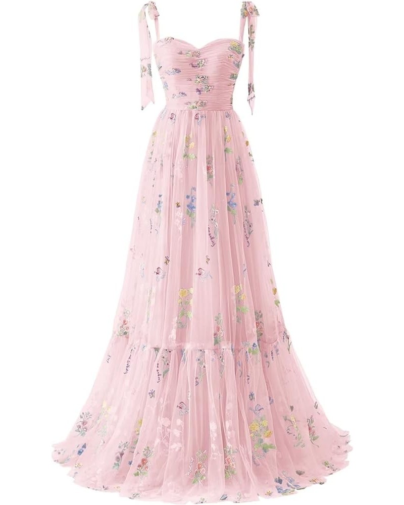 Women's Flower Embroidery Tulle Prom Dresses 2024 Long Spaghetti Straps Evening Party Gowns Pink $34.50 Dresses