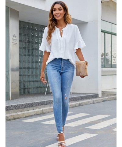 Womens White Blouses Chiffon Ruffle Short Sleeve V Neck Business Casual Tops Summer Cute Shirt White $9.24 Blouses