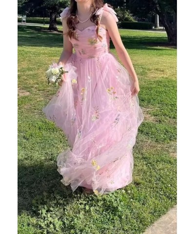 Women's Flower Embroidery Tulle Prom Dresses 2024 Long Spaghetti Straps Evening Party Gowns Pink $34.50 Dresses